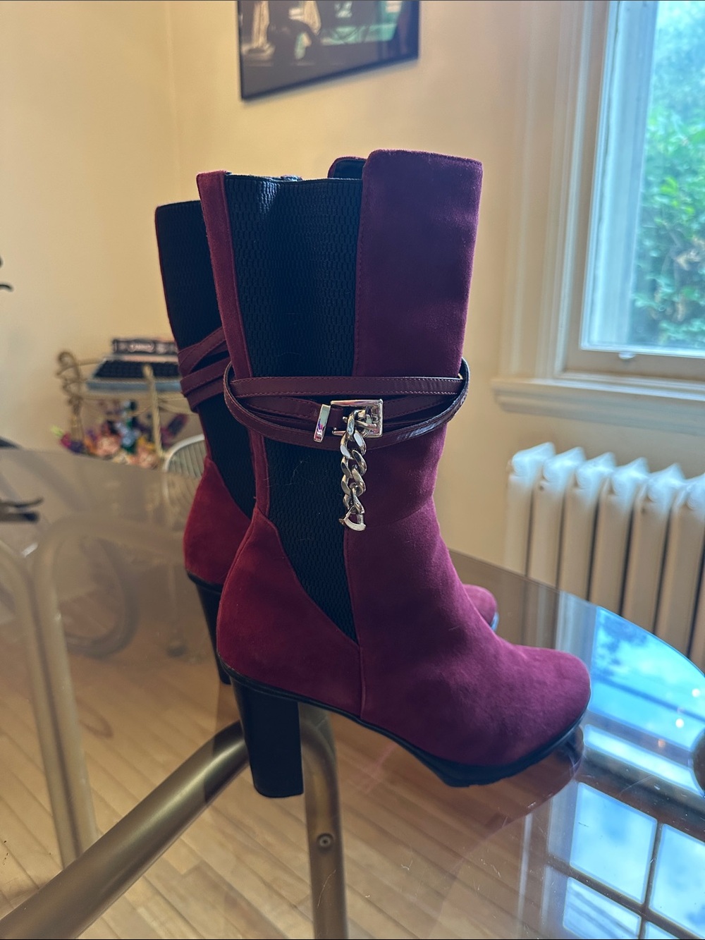 Vintage Artica Burgundy Suede Mid-Calf Heeled Boots with Chain Accent